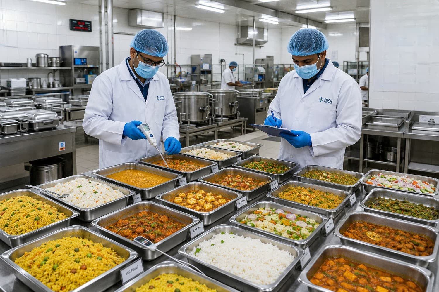 Quality officers probing food temperature and recording the reading against the batch record