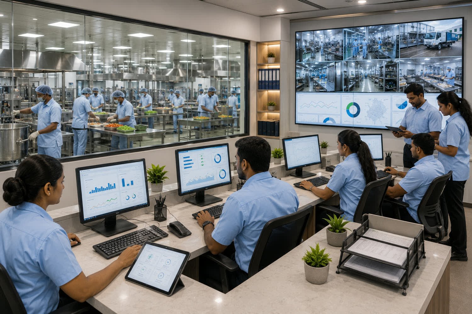 Operations control room with production dashboards