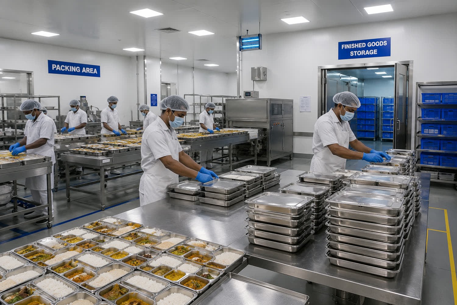 Meal trays being sealed in the packing area alongside finished goods cold storage