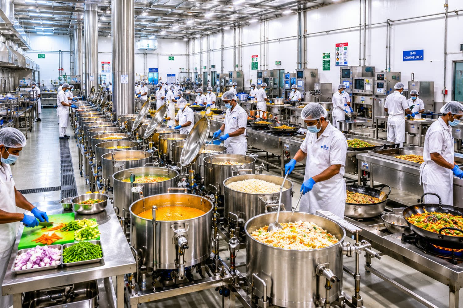 Cooking lines in operation inside an ANIBA central production kitchen